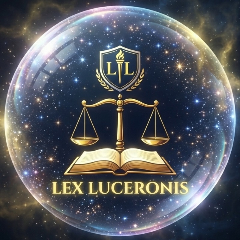 Lex Luceronis crest — gilded scales of justice above an open book inside a luminous sphere